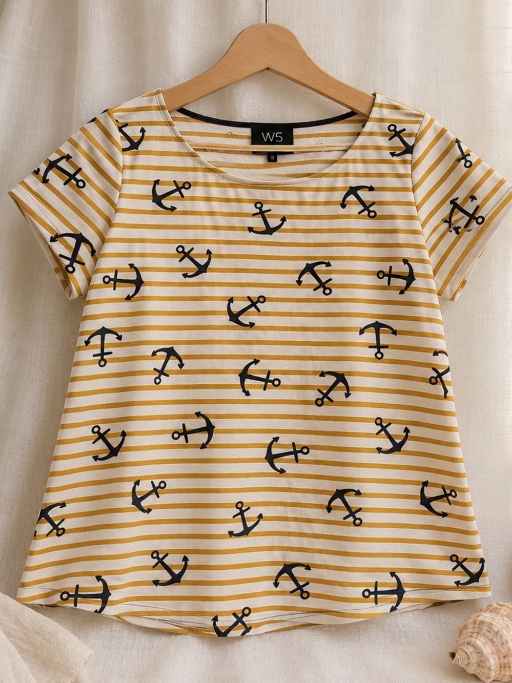 W5 - Anthropologie Anchor Stripe Nautical Tee Coastal Chic Top Cotton Size Small